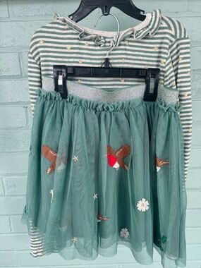 Mini Boden Green Striped Top with Green Bird Tulle Skirt. Perfect for Xmas